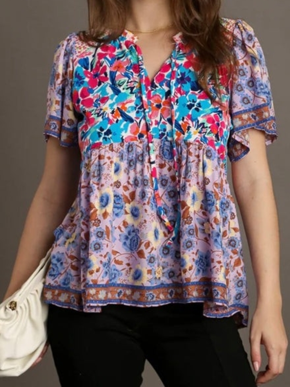 Umgee Purple Floral Patchwork Tie-Front Blouse with Teal Accents